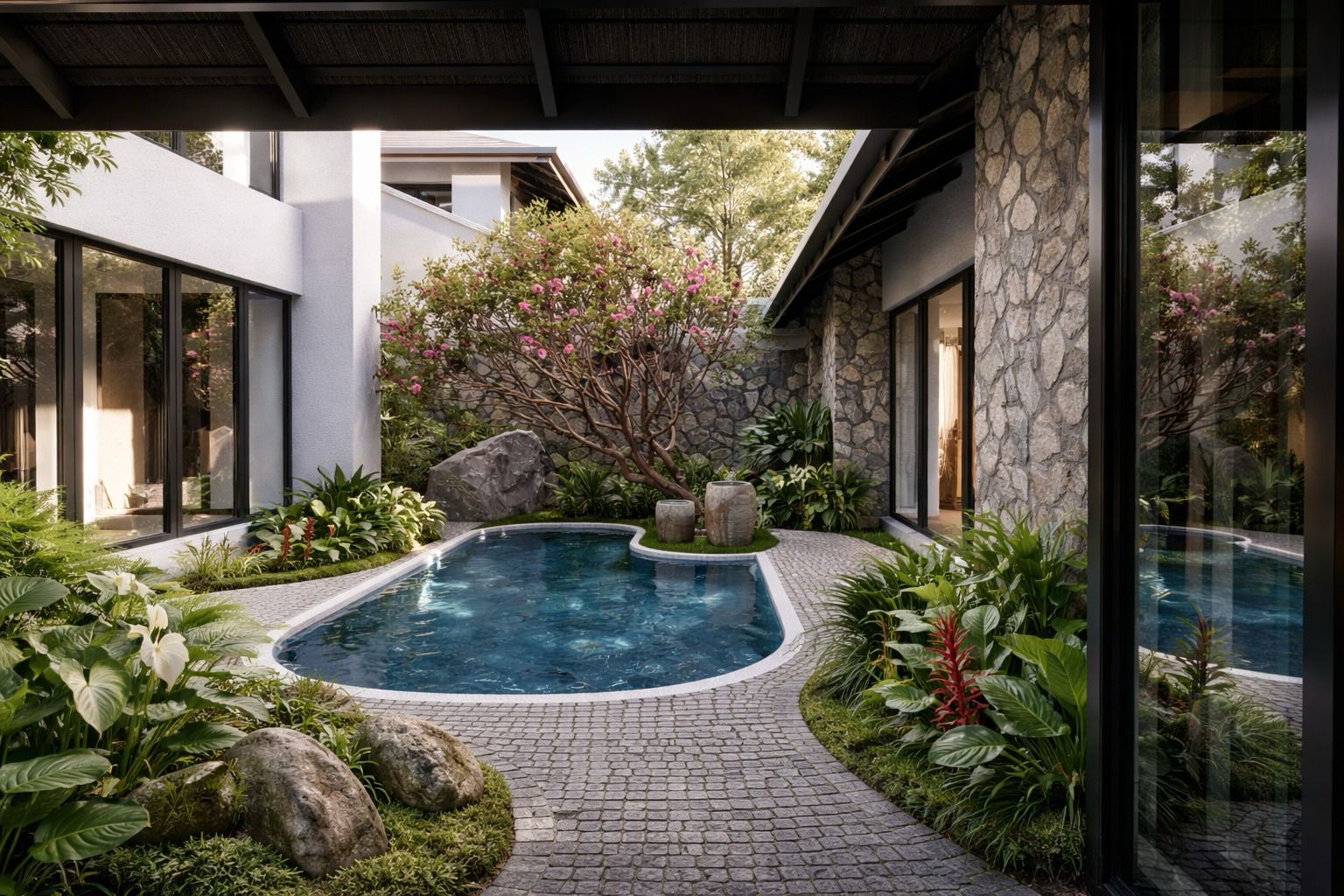 Private courtyard pool surrounded by stone walls and forest planting