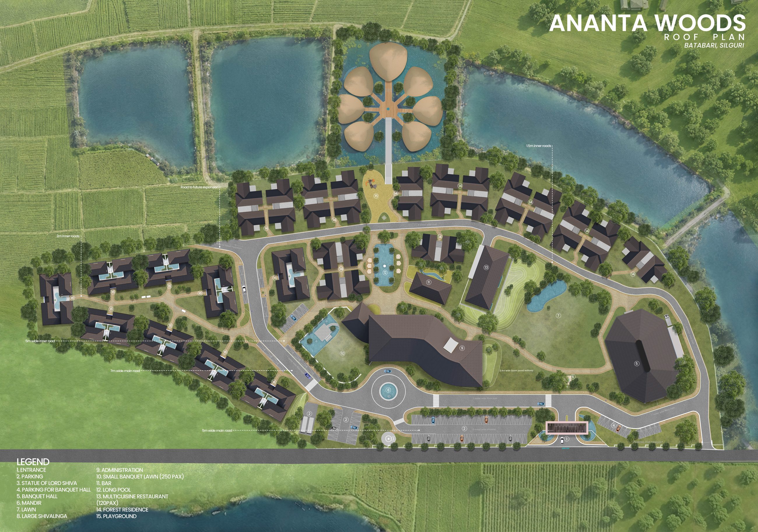 Ananta Woods roof plan — rooflines of residences and the wellness pavilion set within the forest canopy